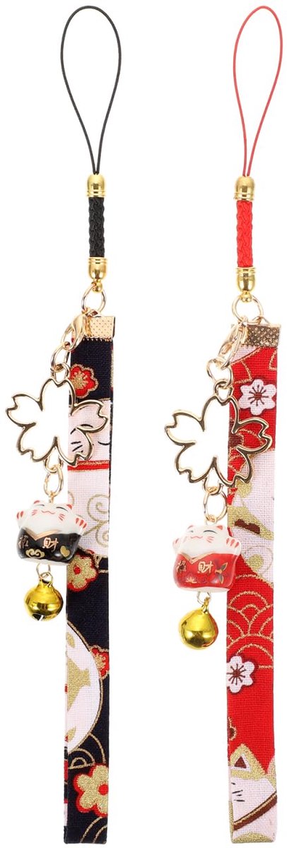 2 Stuks Fortuin Kat Hanger Feng Shui Sleutelhanger Telefoon Decor Maneki Neko Beeldje Telefoon Ophangriemen Bel Charme Charmes Riem Gelukkig Kralen Keramiek Toets