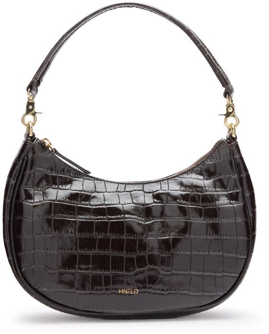 Manfield Bruine Leren Croco Schoudertasje Met Ritssluiting - Maat Onesize