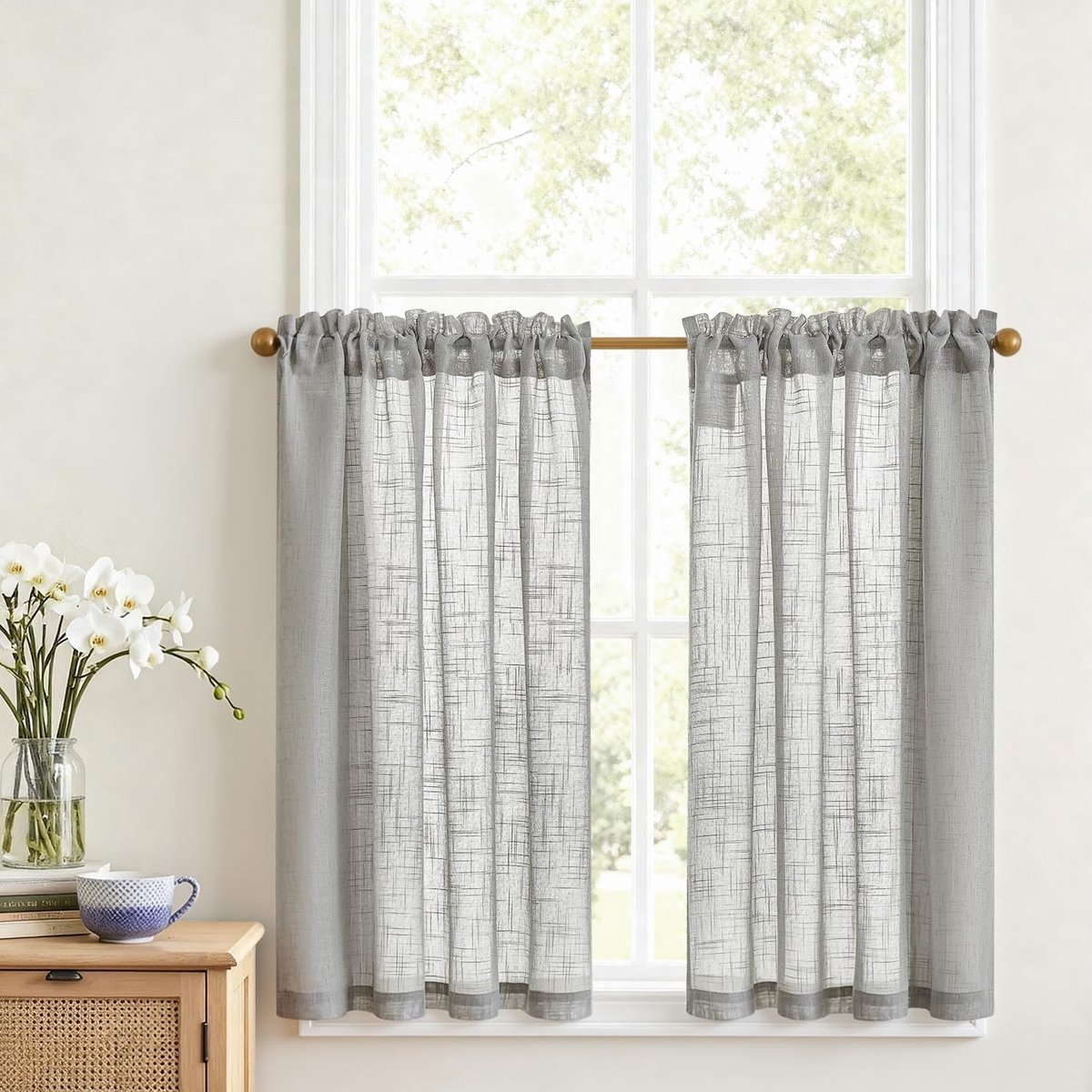 Vitrage keuken, voile, bistrogordijn, set van 2, 90 x 90 cm (b x h), landhuisstijl, grijs, kort, modern, raamgordijnen met stangdoorgang, halftransparant, korte gordijnen voor woonkamer