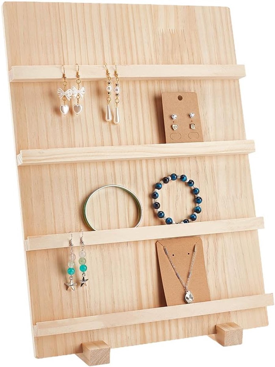 PandaHall 4-laags houten display standaard voor oorbellen, sieraden, verwijderbare vitrine met compartimenten, rustieke kaartweergave voor verkoop, tentoonstellingen, sieraden opslag