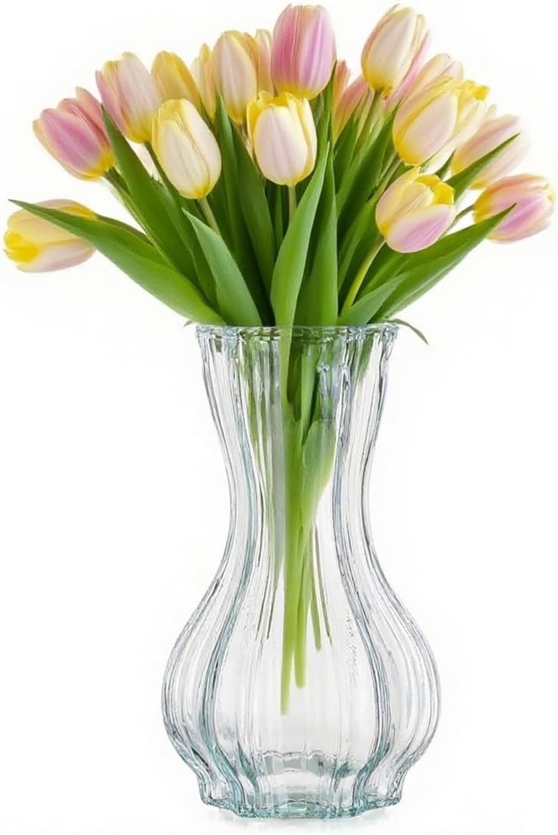 Bloemenvaas, glas, 19,7 cm hoog, diameter 8,8 cm, moderne glazen vaas voor bloemen, glazen bloemenvaas, tulpen, transparante glazen vaas, decoratieve vaas van glas, woonkamer, kleine vaas voor