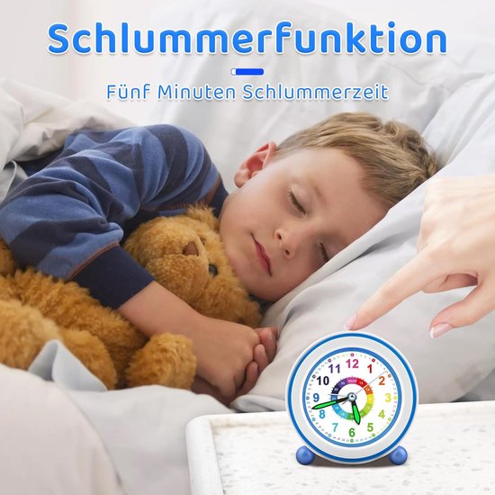 Stille Kinderwekker Analoog met Snooze en Nachtlampje - Batterijgevoed Blauw — afbeelding 2