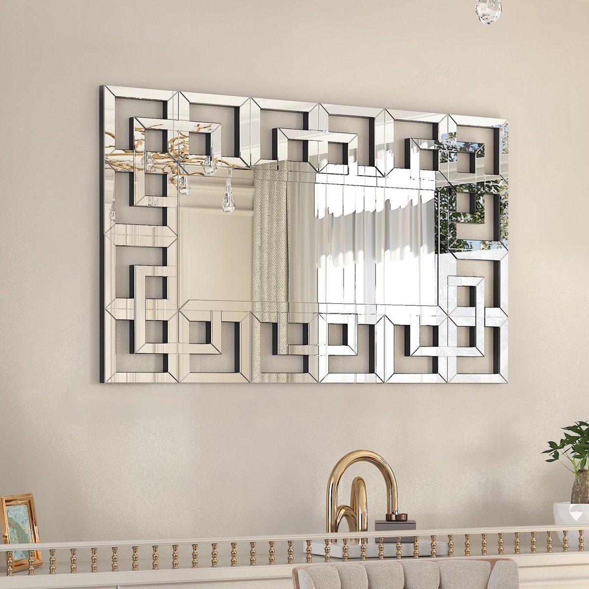 Decoratieve wandspiegel, esthetische gangspiegel, 100 x 70 cm, rechthoekige spiegel met metalen haken, hoogwaardige badkamerspiegel voor badkamer, woonkamer, slaapkamer