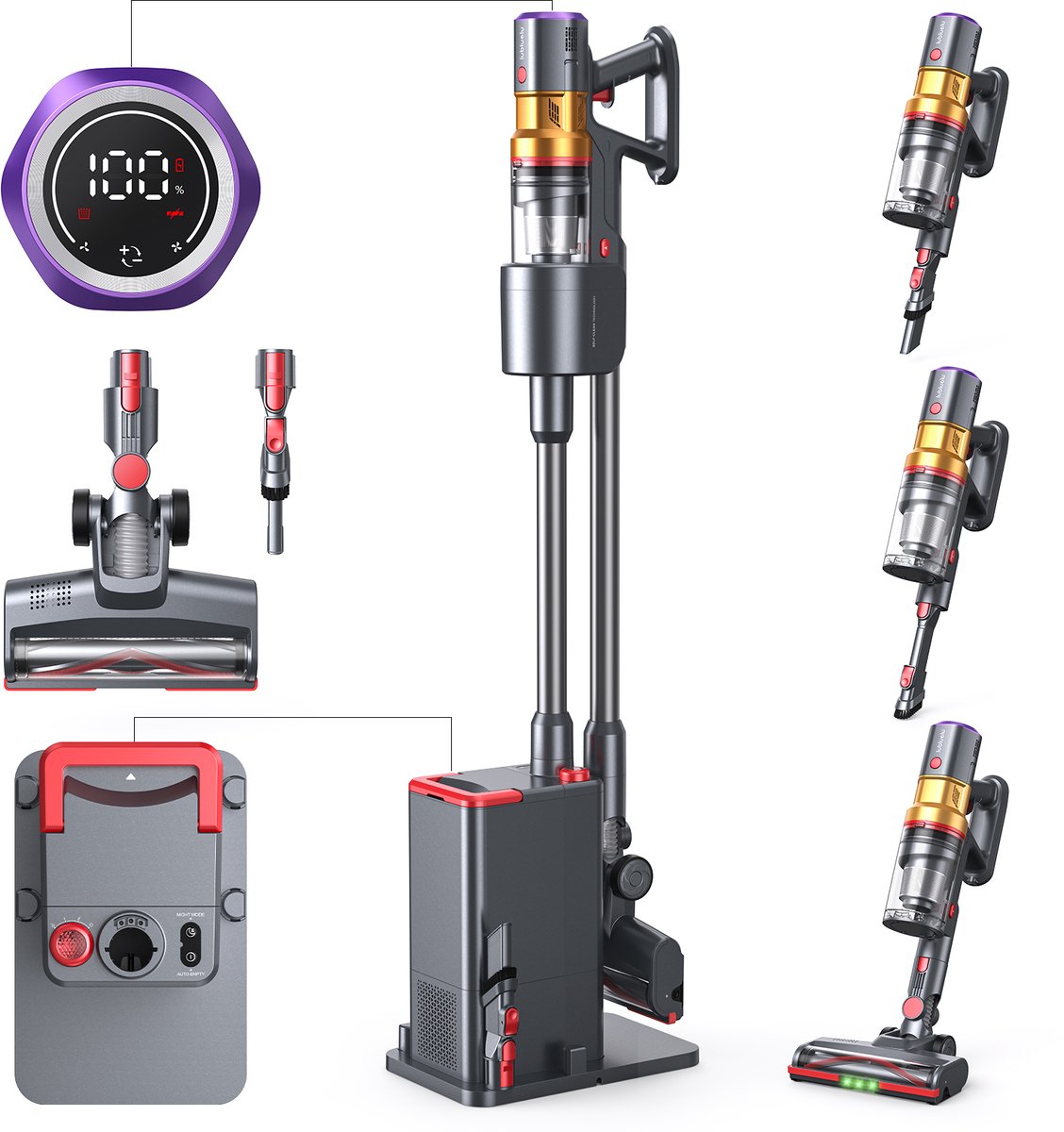 Lubluelu X1000 Draagbare staafstofzuiger Steelstofzuiger met stofopvangstation van 2,5L – 60Kpa Automatisch ledigingsstation - 50 Min Gebruikstijd - Anti-klit Borstel - met Stofzak HEPA - filter - LED-koplampen