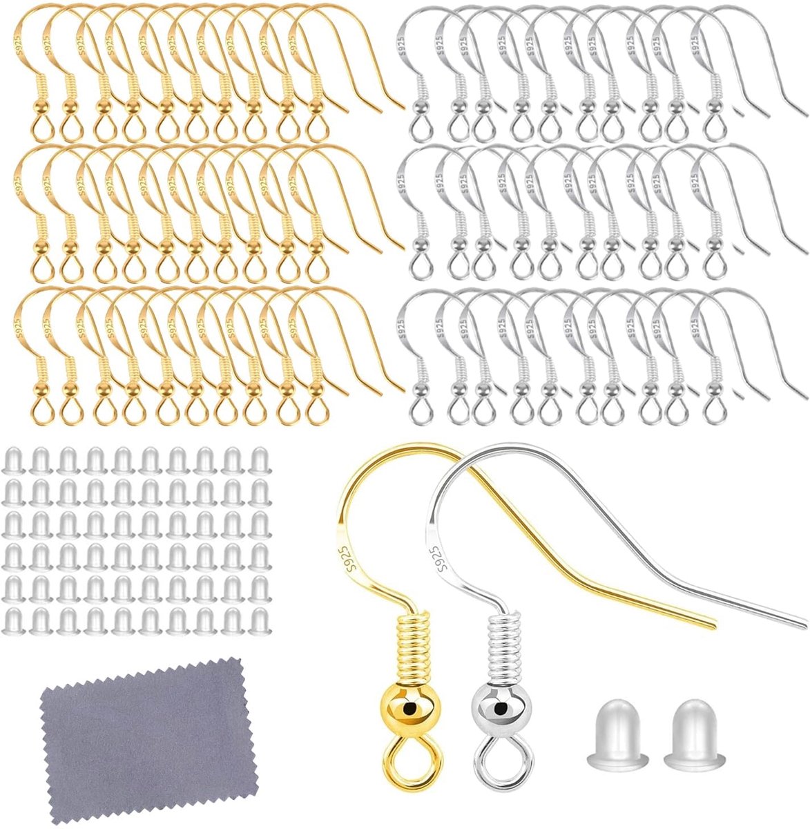 Gouden en zilveren oorbellen, zelf maken, set oorringen, haken, 925 sterling zilver, oorbellen, knutselset voor doe-het-zelf oorbellen, sieraden maken, oorbellen, accessoires, 60 stuks