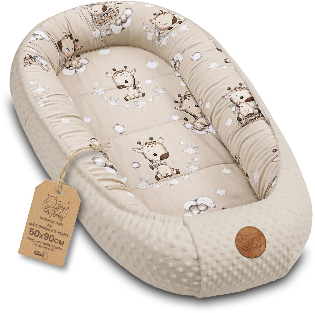 Knus Baby Nestje Pasgeborene – zacht draagbaar en comfortabel Nest voor Ledikant Kinderbed Wieg Babykamer en Onderweg – behaaglijk voor Jongen & Meisje 90x50 cm Giraffen