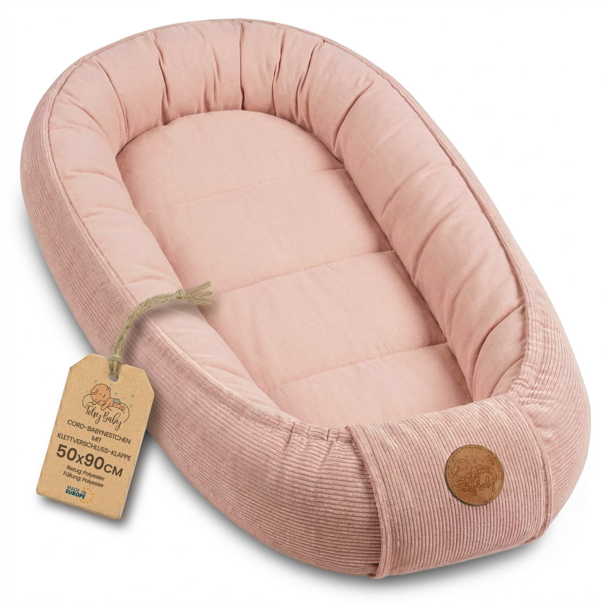 Knus Baby Nestje Pasgeborene – zacht draagbaar en comfortabel Nest voor Ledikant Kinderbed Wieg Babykamer en Onderweg – behaaglijk voor Jongen & Meisje 90x50 cm Roze Corduroy