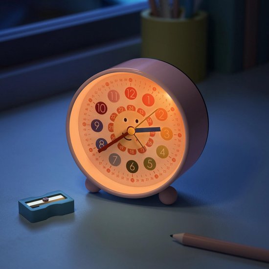 Kinderwekker Analoog - Leerwekker Kind - Tijd Leren Lezen - Geruisloos Uurwerk - 10 x 10 cm - Roze — afbeelding 3
