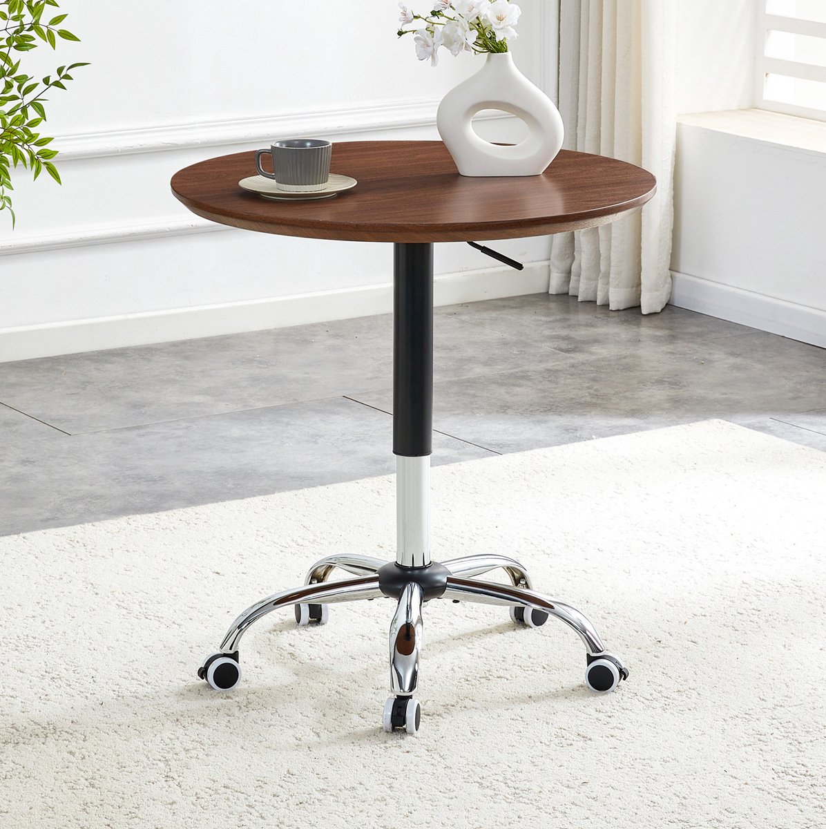 MIVRAY Bijzettafel - Hoogteverstelbare Ronde Tafel Met Wieltjes - Voor Thuiswerk, Keuken En Café - MDF En Metaal - Walnoot - 70 Cm