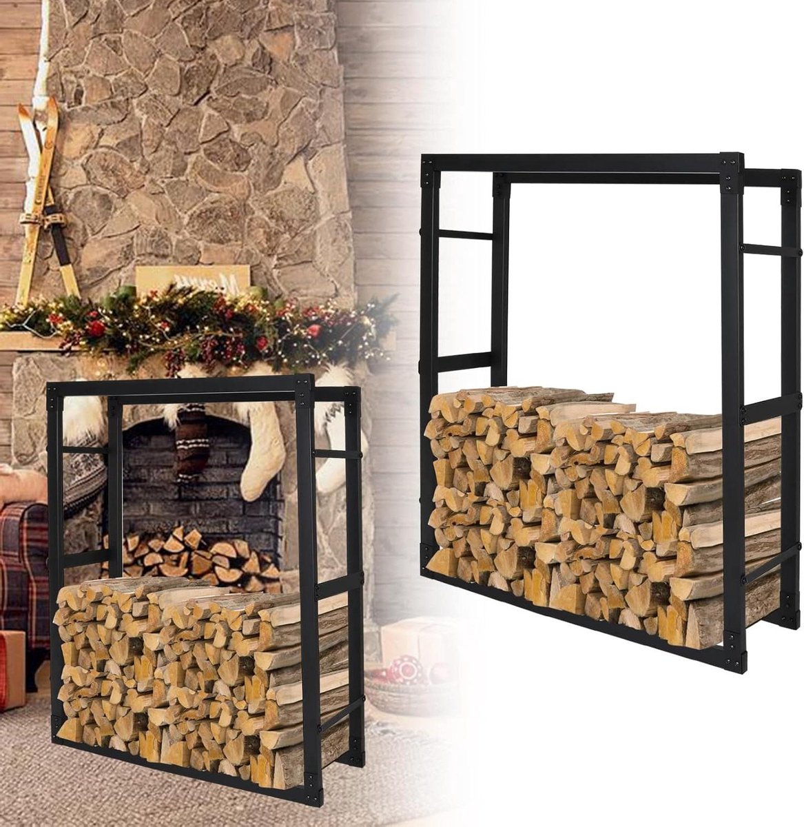 Brandhoutrek Metaal - Haardhout Opslag - Haardhout Opslaan - Robuust Gepoedercoat Staal - 100 x 25 x 150 cm - Zwart