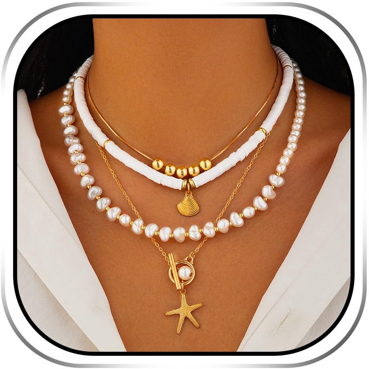 Parelketting met gouden zeester-hanger, strandschelp-halsketting voor dames