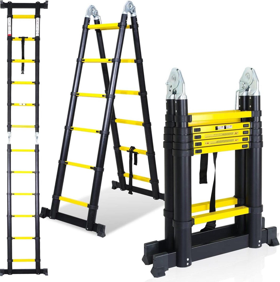 Telescopische Ladder - Vouwladder Draagbaar - Veelzijdig Klussen - Lichtgewicht Aluminium - 38 Meter Hoog - Zwart Geel
