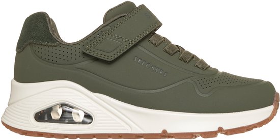 Olijfgroene Skechers UNO sneaker, zijaanzicht. Witte zool met luchtunit, klittenbandsluiting.