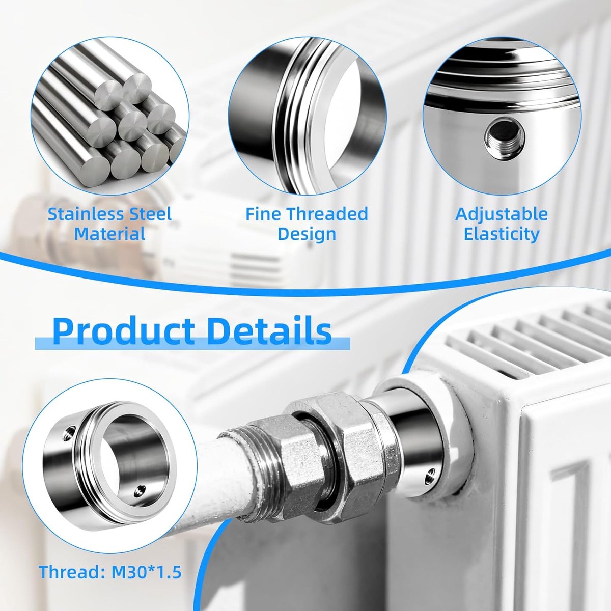 Radiatoradapter Set - Ventiel Adapters - Verwarming Installatie - Roestvrij Staal - M30 x 15 - Zilver