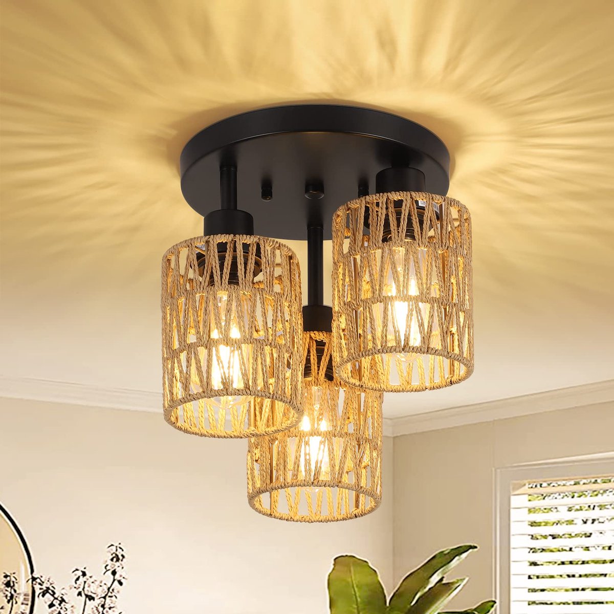 Rotan Plafondlamp Hangend, 3-Lichts Boho Plafondlamp met Rotan Lampenkap, Vintage Plafondl