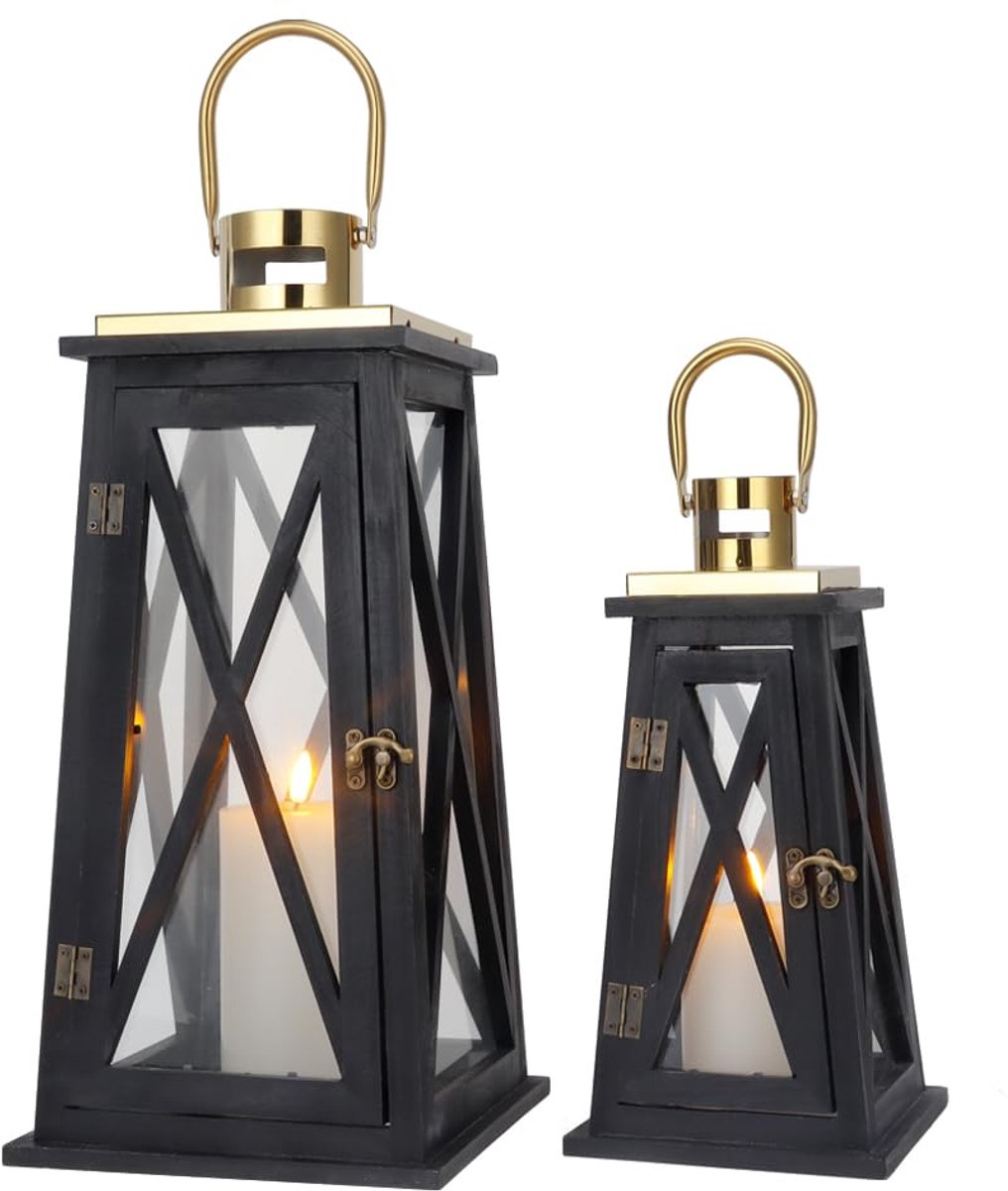 set van 2 boerderijtje houten lantaarns, 45,7 cm en 58,4 cm, decoratieve metalen kaarsenhouders met rustieke gehard glazen buitenlantaarn voor binnen- en buitenbruiloften.