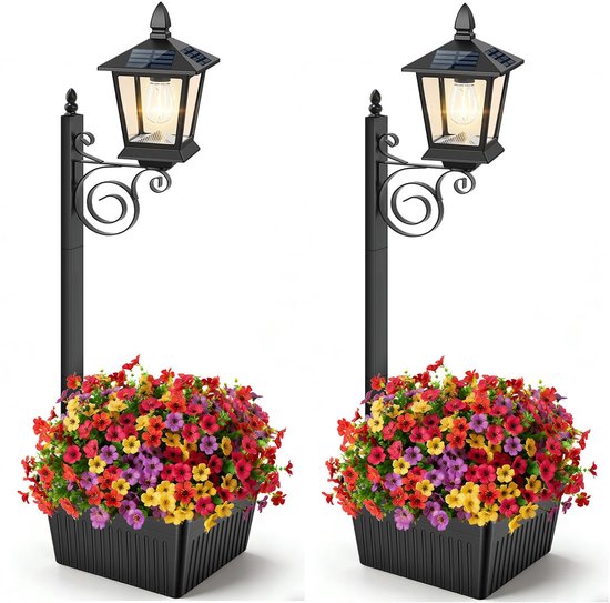 2 Pièces Lampadaire solaire avec pot de fleurs - Jardinière extérieure 2-en-1 avec lampe - Poteau métallique et étanche IP65 - Pot de fleurs autonome pour l'extérieur - Lampe solaire décorative pour jardin avant, entrée et jardin