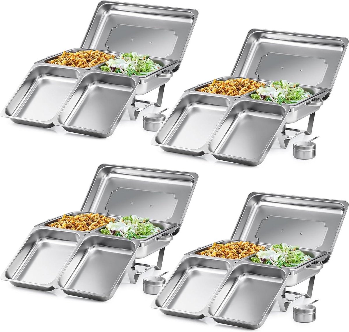 Verdeelbakken Set - Buffetwarmers Warmhouders - Feestelijke Buffetten - Voedselveilig Roestvrij Staal - 4x 9 Liter - Zilverkleurig