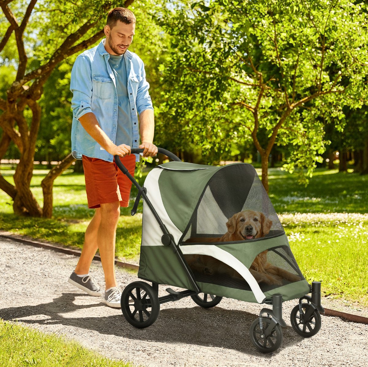 MEUNIQ Hondenbuggy opvouwbaar 124 x 67 x 100 cm voor honden en katten tot 30 kg, met gaasvensters, kussen, 2 veiligheidslijnen, rem en opbergtas, donkergroen
