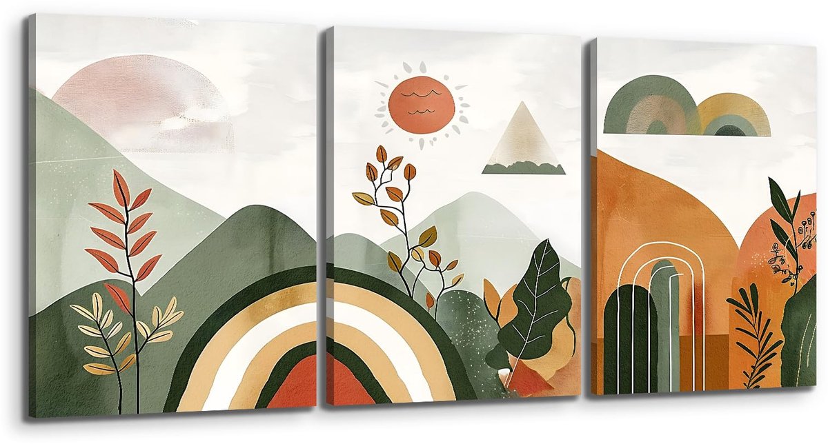 Boho Schilderijen Set van 3, Zon Bladeren Lijnen Afbeelding op Canvas Woonkamer Muurdecoratie, Groen Moderne Minimalistische Schilderij Kunstwerk voor Slaapkamer Badkamer Keuken