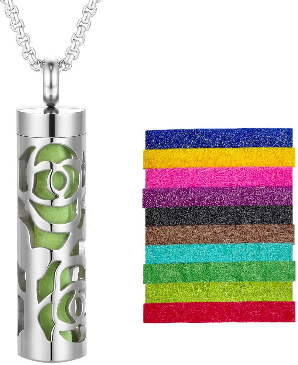 Olie Diffuser Ketting, Dameshanger met 10 Geurpads, Roestvrijstalen Sieraad Cadeau - Aromatherapie voor Vrouwen en Mannen (Style 18)