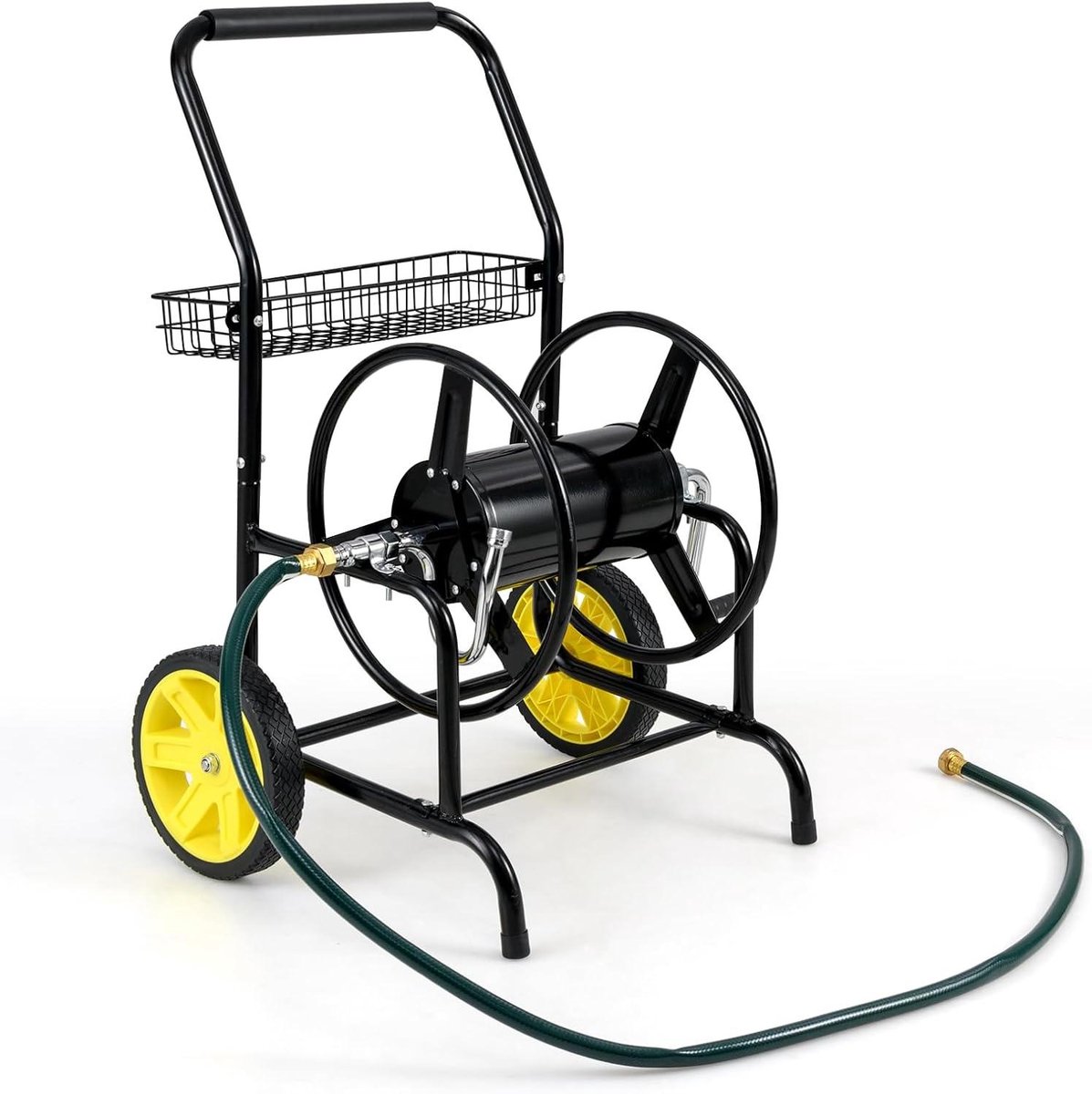 Slangwagen Metaal - Slanghaspel Trolley - Tuin Bewateren - Met Opbergmand - 76 x 55 x 92 cm - Zwart