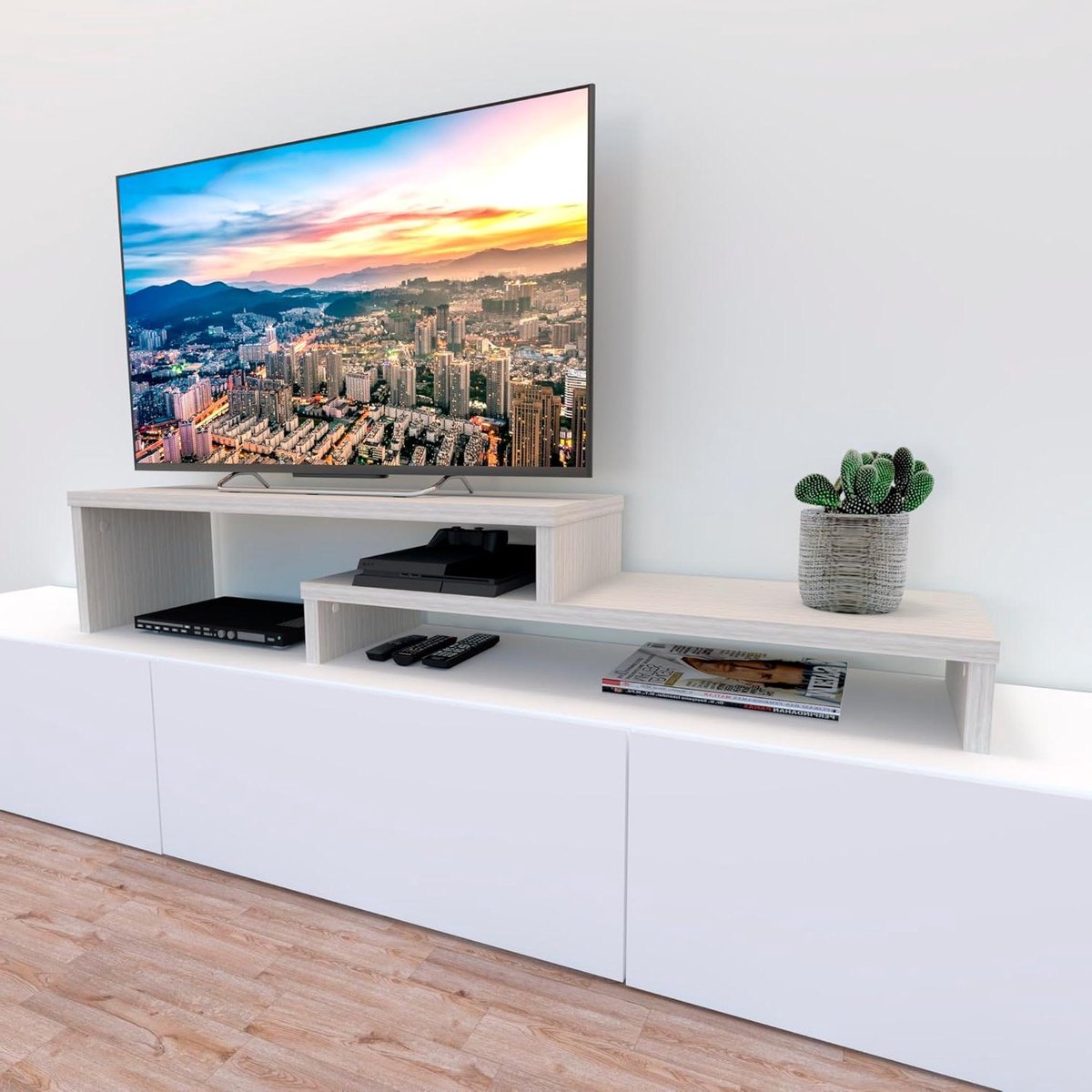 TV meubel - TV kast multimedia - Woonkamer organiseren - Verstelbaar ladderontwerp - 90 x 35 x 30 cm - Eiken