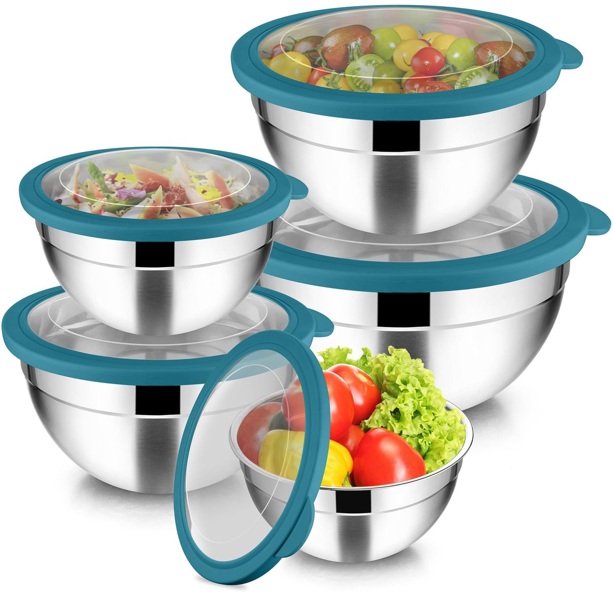 Mengkom 5-delige set, roestvrij stalen kom met transparant luchtdicht deksel, 4,5 l / 2,7 l / 1,5 l / 1,2 l / 0,7 l, stapelbare slakom voor het serveren / koken / bakken,