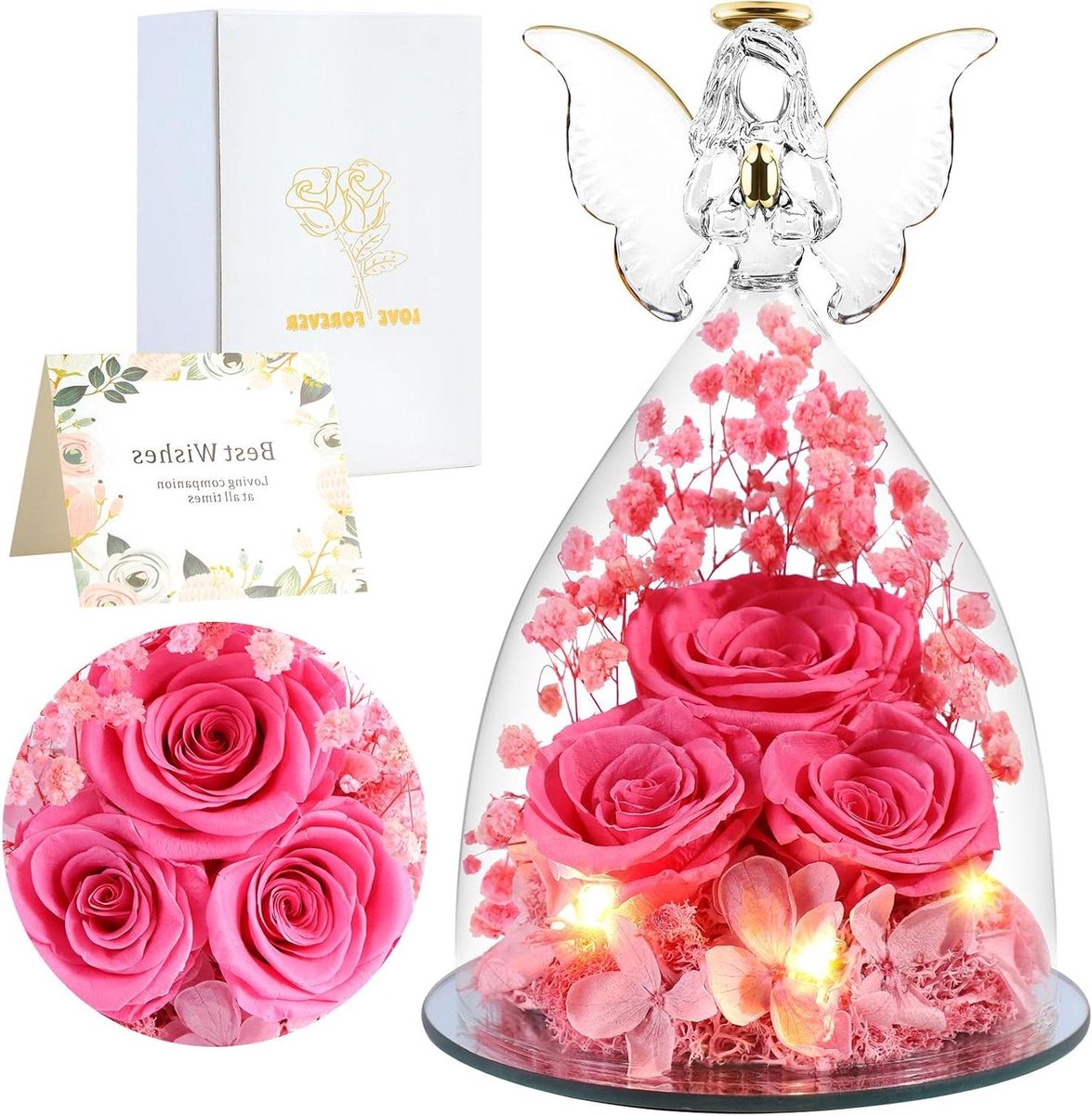 Eeuwige Roos Engel - Behoudende Bloemen - Decoratie Huis - Echte Rozen - 13 x 12 x 13 cm -