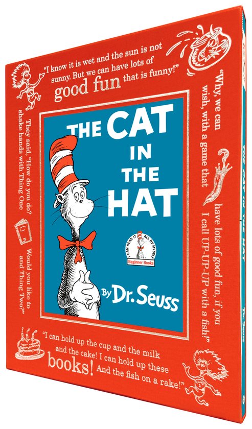 Boek: "The Cat in the Hat" van Dr. Seuss, met de Cat in zijn hoge gestreepte hoed en strik, omringd door citaten en illustraties.