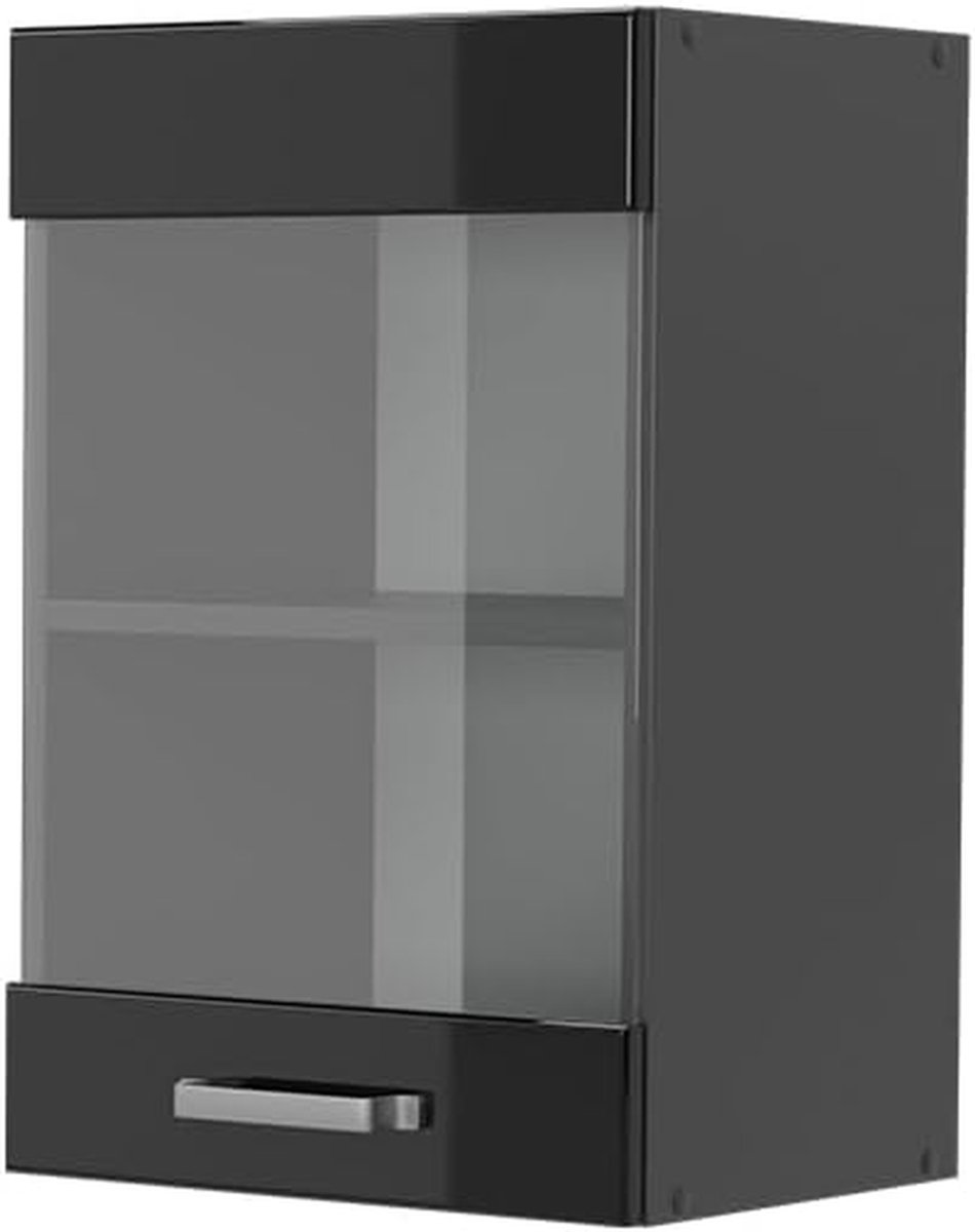 Keukenkast met Glas - Hangende Servieskast - Keuken Organiseren - Modulair Systeem - 40 cm Breed - Zwart Hoogglans