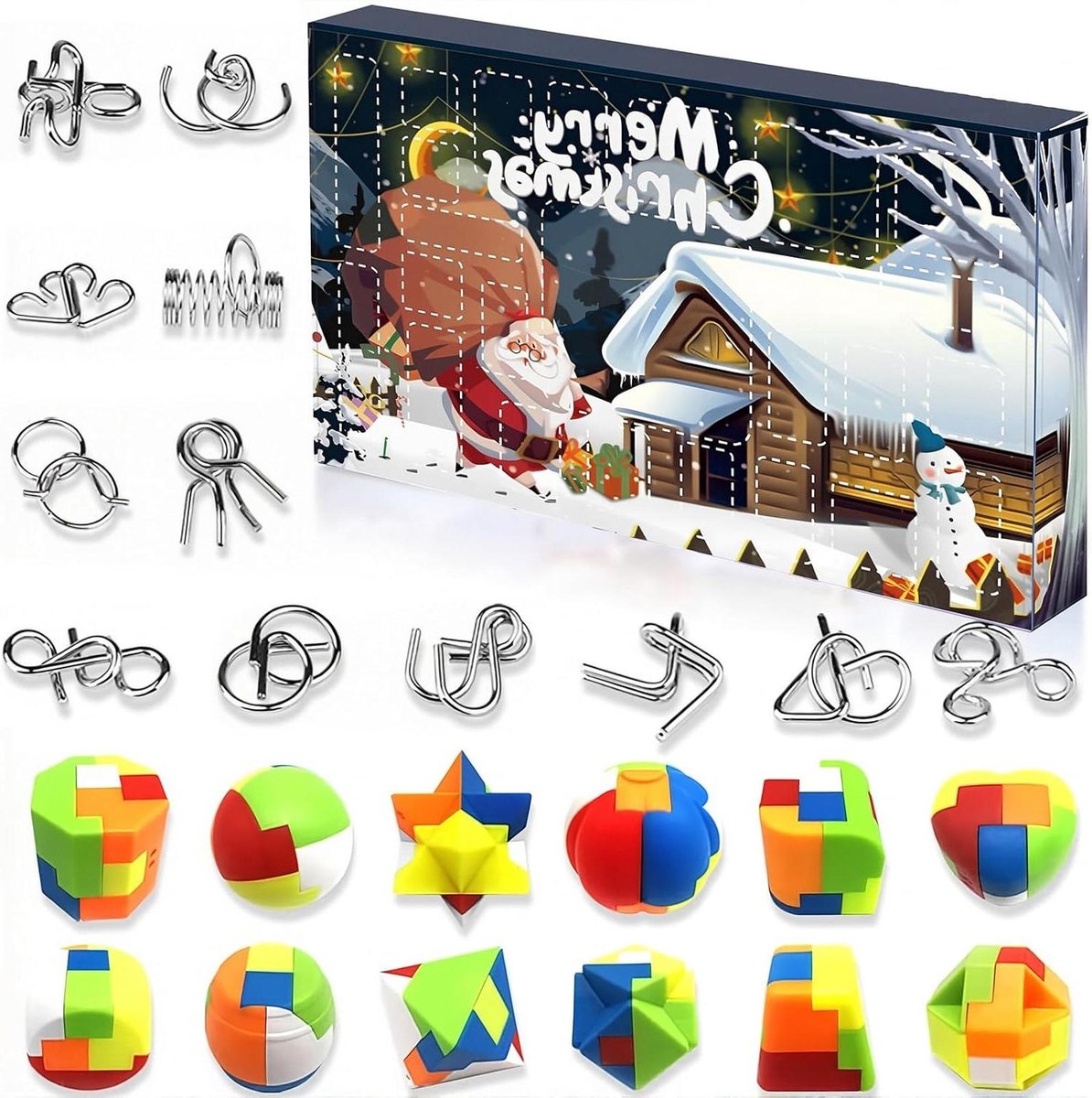 Puzzel Adventskalender - Kerstkalender Verrassing - Dagen Tellen - 24 Breinbrekers - 33 x 23 x 6 cm - Donkerblauw
