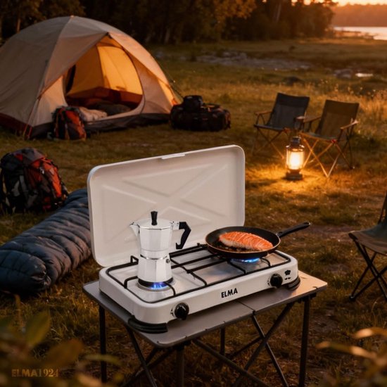 Camping Gasfornuis - Draagbaar Kooktoestel - Buiten Koken - Dubbele Brander - 63 x 33.5 cm - Wit — afbeelding 3