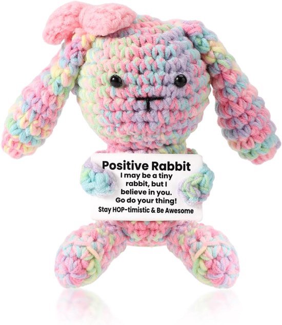 Positief gehaakt konijn - Kleurrijke gebreide konijnenknuffel - Creatief vrolijk cadeau voor Pasen