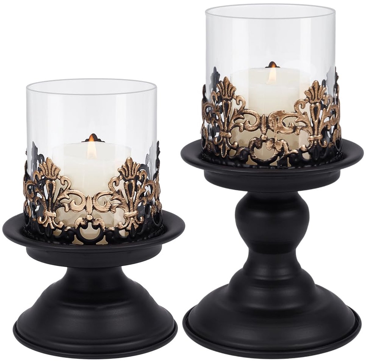2 Stks/sets Zwart Ijzer Glas Kaars Houder met Clear Glas Mouw Decoratieve Hurricane Kaars Houders voor Thanksgiving Kerstvakantie Eettafel Centerpiece