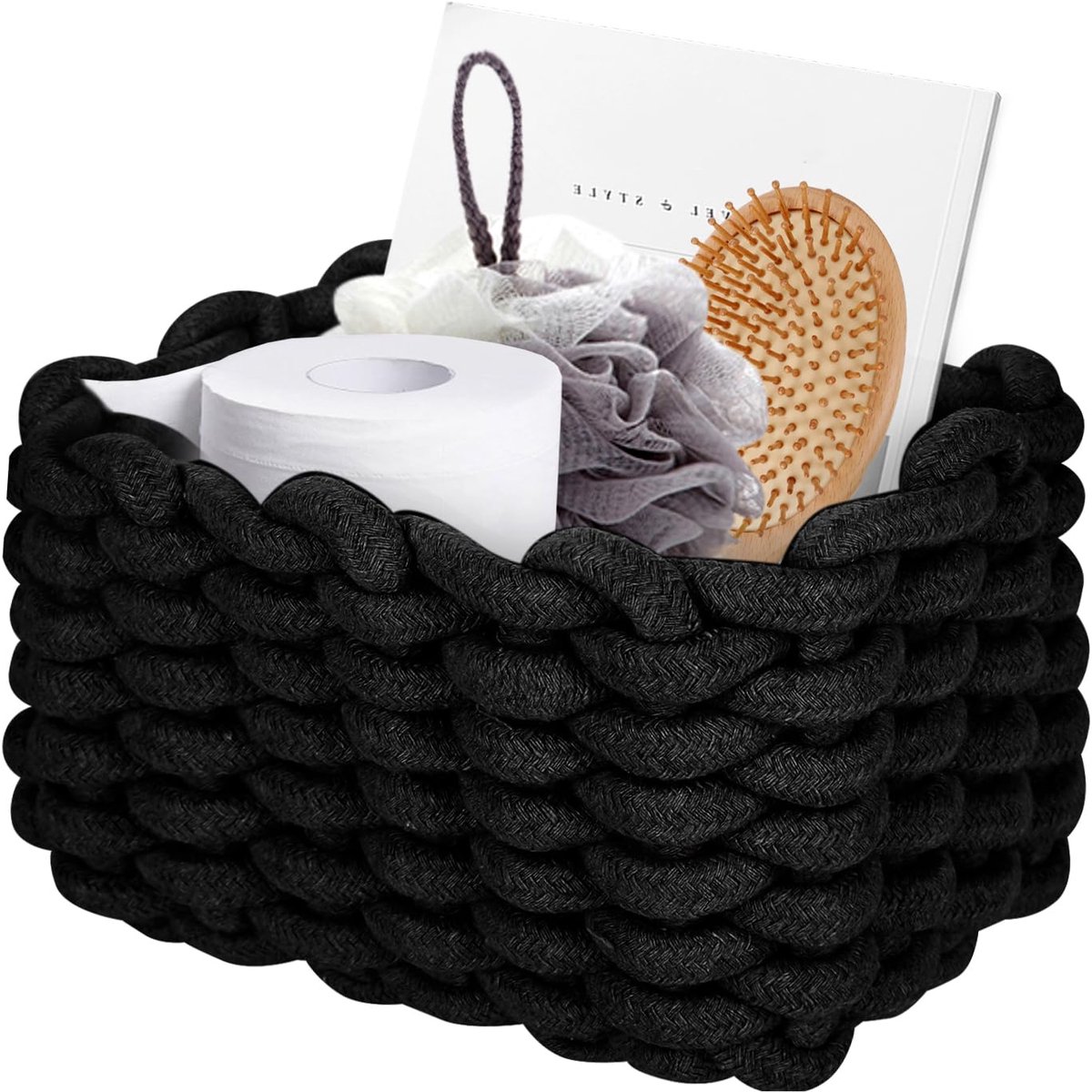 Opbergmand katoen, gebreide mand katoen, opbergmanden, gevlochten opbergmand, organizer, gevlochten mand, opbergdozen organizer voor babykamer (zwart)
