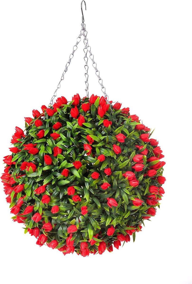 Kunst Tulp Bloem Bal - Nep Plant Topiary Bal - Decoratie Buiten - Onderhoudsvrij - 38 cm - Rood