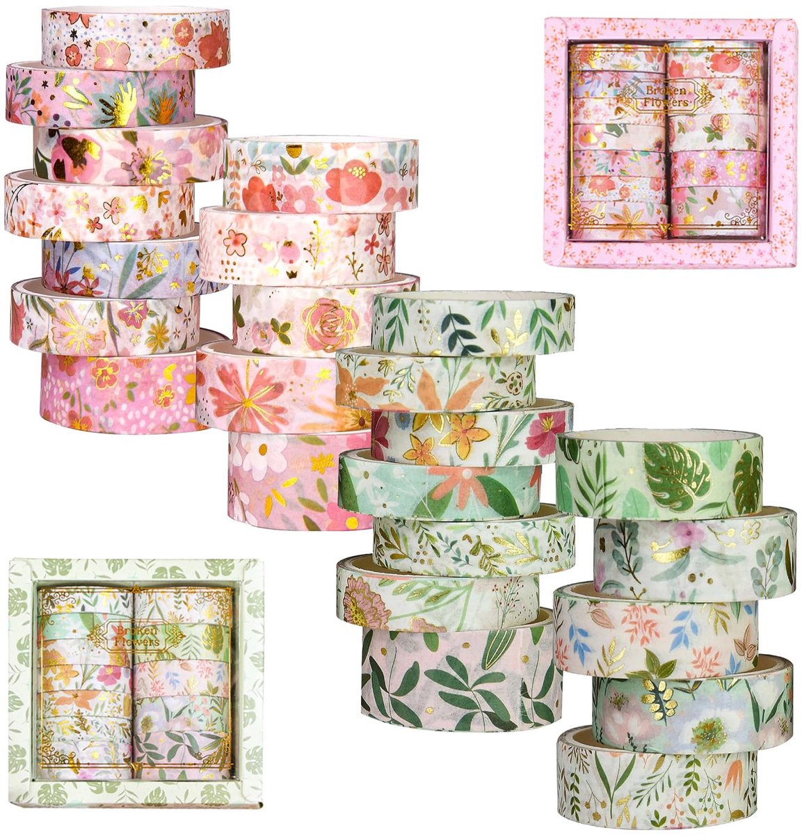 Washi tape, 15 mm x 2 m, washi tape, scrapbooking, goudfolie, bloemen, thema, voor kunst, bullet journal, scrapbooking, knutselen, verpakking (roze/groen)