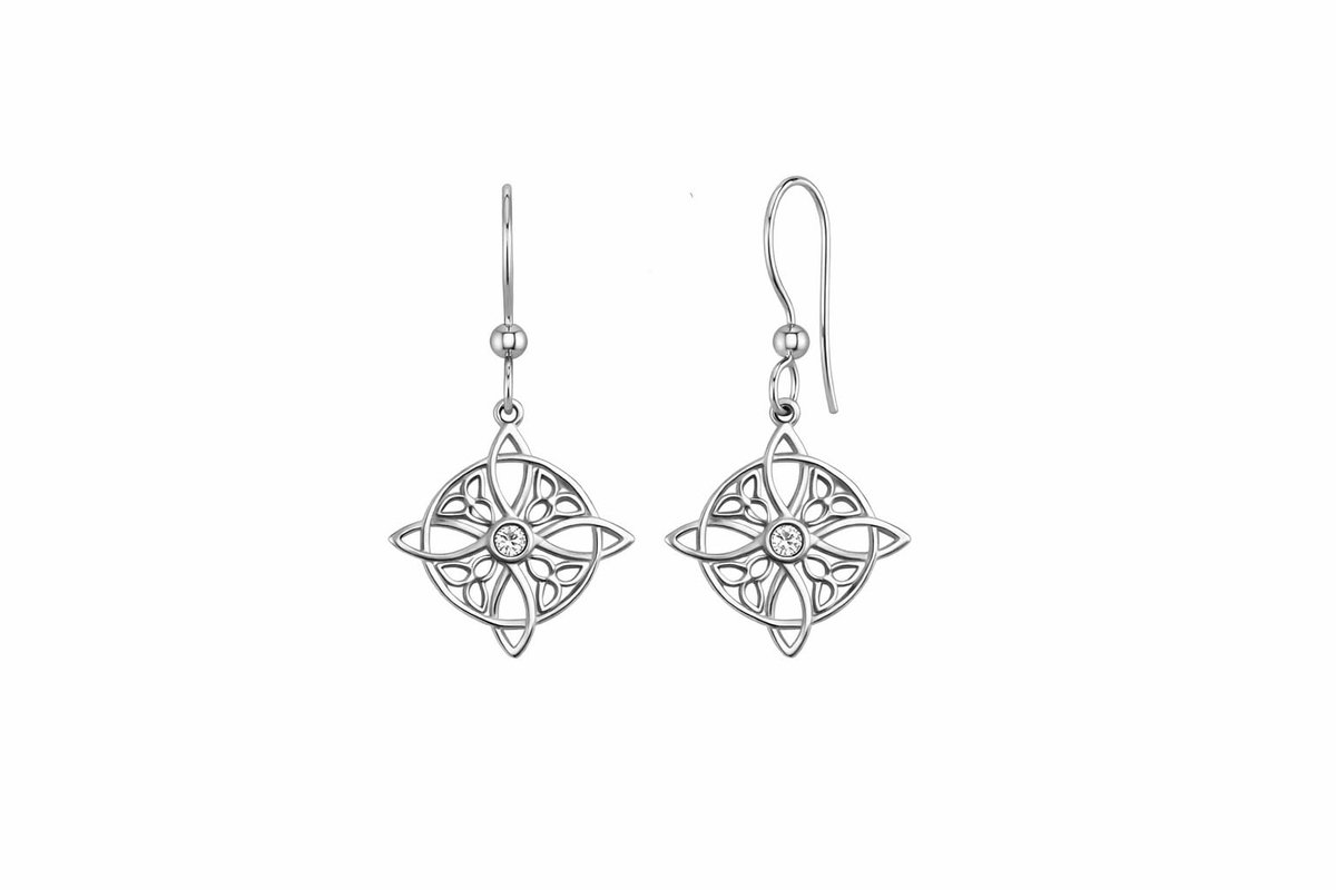 Oorbellen van 925 sterling zilver en witte kubische zirkonia, met haaksluiting, heksenknoop (19 mm stuk + 19 mm sluiting)