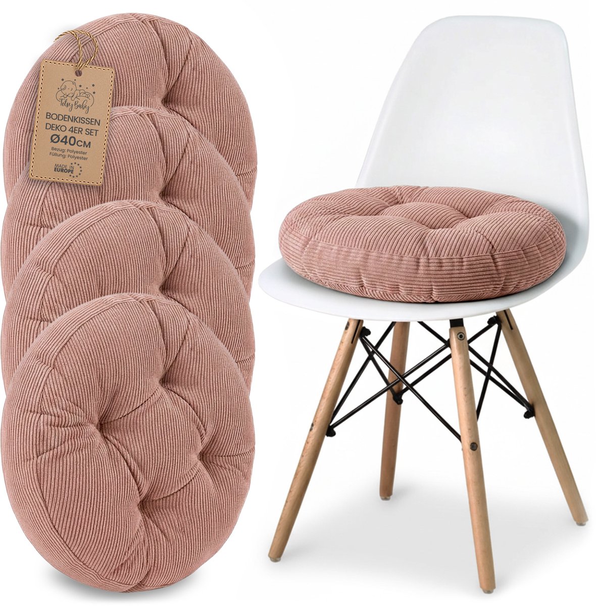Stoelkussen Ronde Zitting 40 cm - Set van 4 Kussen voor Stoel Binnen Scandinavisch Stijl Comfortabel Zacht Wasbaar Ribfluweel voor Kantoor en Thuis Roze