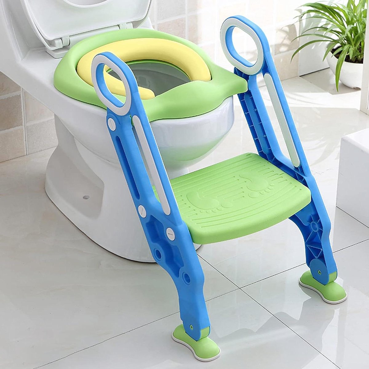 Toiletbril voor kinderen - Zindelijkheidstrainer trapje - Onafhankelijk naar toilet - In hoogte verstelbaar - 38-42 cm - Blauw en groen