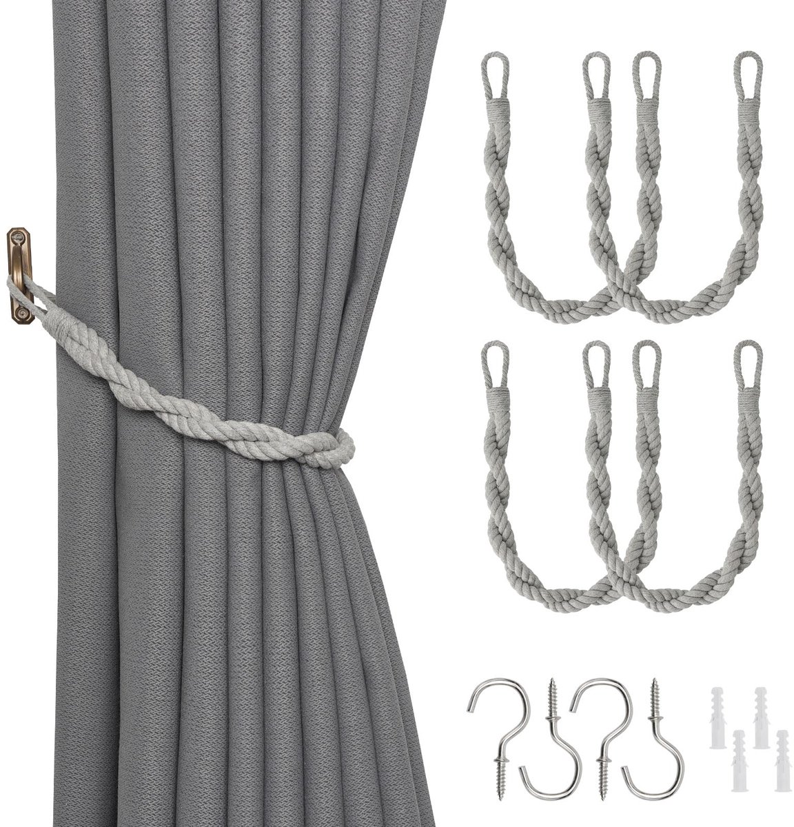 Gordijnen van natuurlijk katoen, elegante boho-stijl, decoratieve gordijndrapeer. Zachte handgeweven dubbele touwgordijnhouders met metalen haak voor thuis en op kantoor