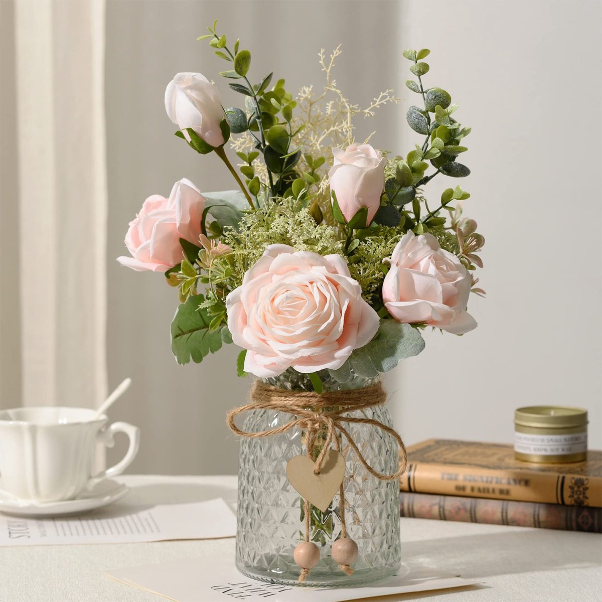 Kunstbloemen zijden rozen bloemenboeket in vaas, faux bloemstukken, boerderij tafeldecoratie, tafeldecoraties voor woonkamer, salontafel decoratie (roze)