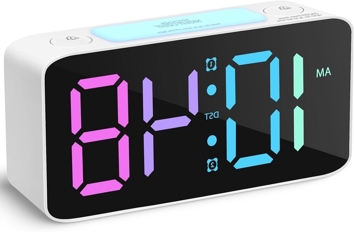 Digitale Wekker - Nachtlamp Klok - Zwaar Slapen - Dubbel Alarm - 165 cm Breed - Wit
