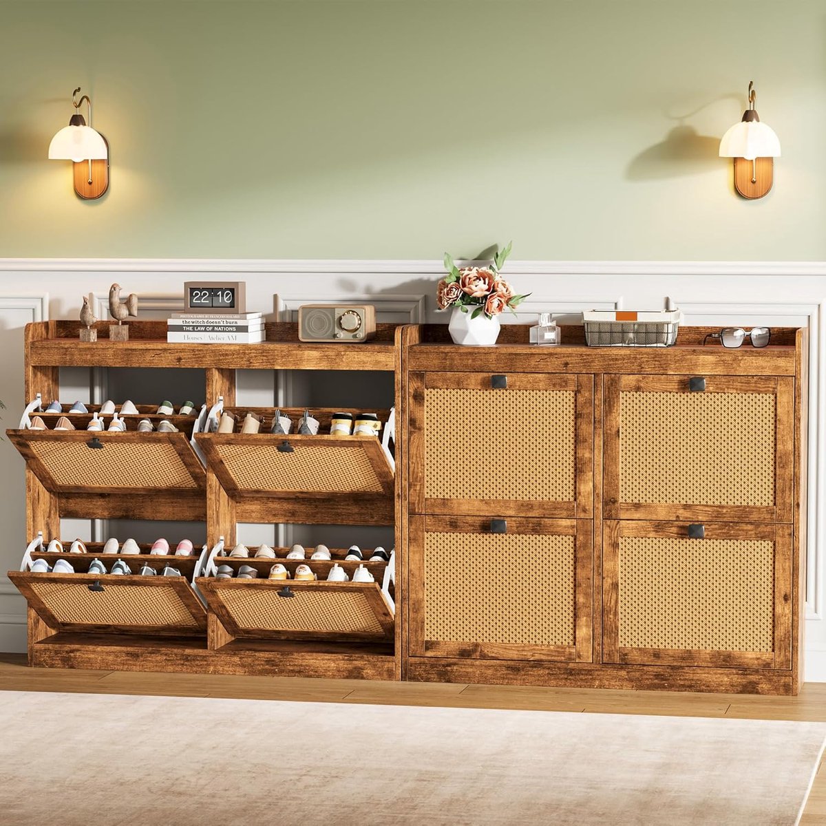 Grote Schoenenkast met 4 Kantellades en Rotan Deuren - Ruimte voor 32 Paar Schoenen - Extra Diep (Maat 46) - Houtlook / Bruin