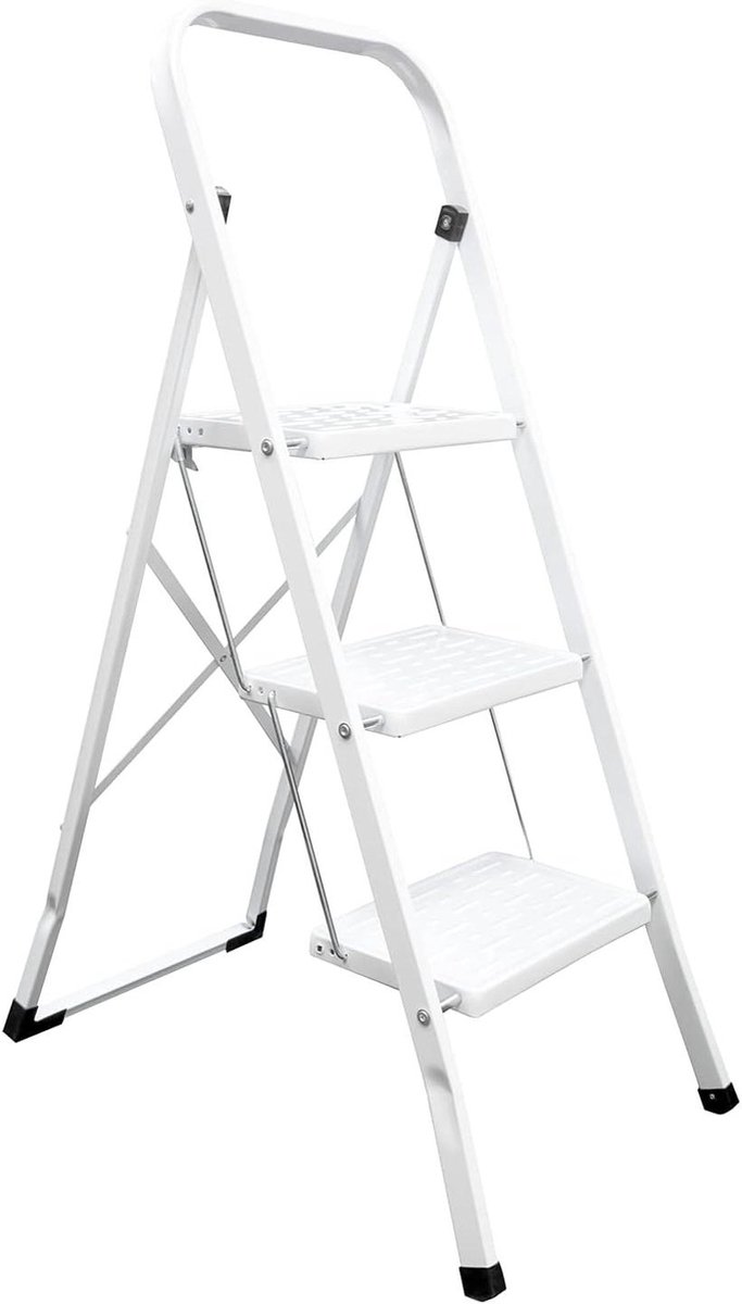Huishoudladder staal - Trapladder 3 treden - Klusjes in huis - Inklapbaar en ruimtebesparend - 070 meter hoog - Wit