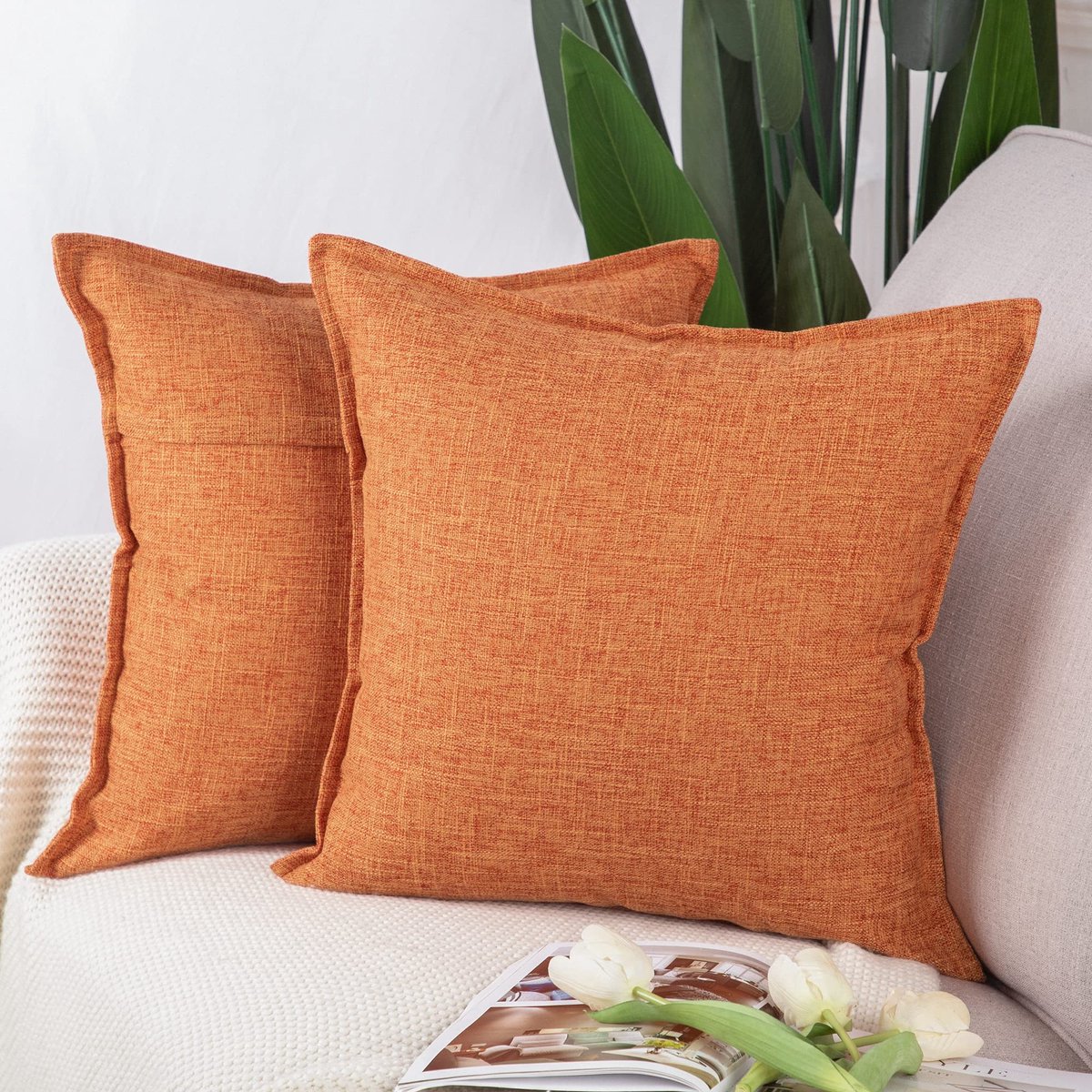 Set van 2 Imitatielinnen kussenslopen Zachte Decoratieve Kussenhoes voor Sofa Slaapkamer Kussensloop 65x65 cm Roodachtig oranje