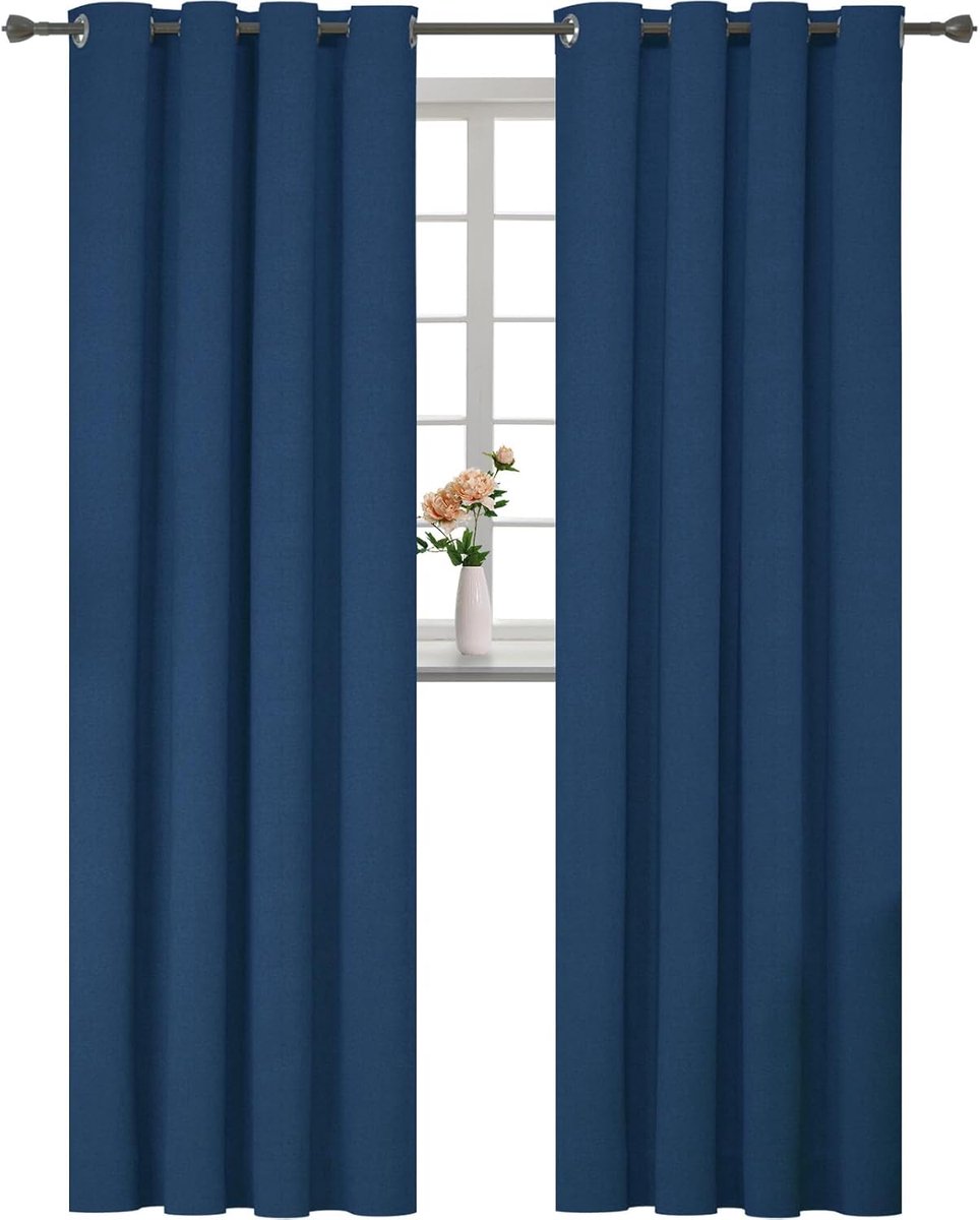 100% Verduisterend Linnen Effect Gordijnen Set Van 2, 140x280cm, Thermisch Isolerend Koud En Warm Gordijn Met Ringen, Thermogordijnen Voor Slaapkamer Woonkamer, Blauw