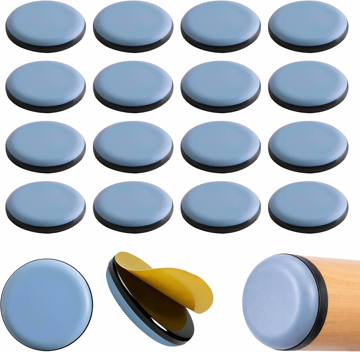 Set van 16 ronde zelfklevende meubelpads van PTFE Teflon voor bescherming van vloeren en eenvoudig verplaatsen van meubels, diameter 50 mm