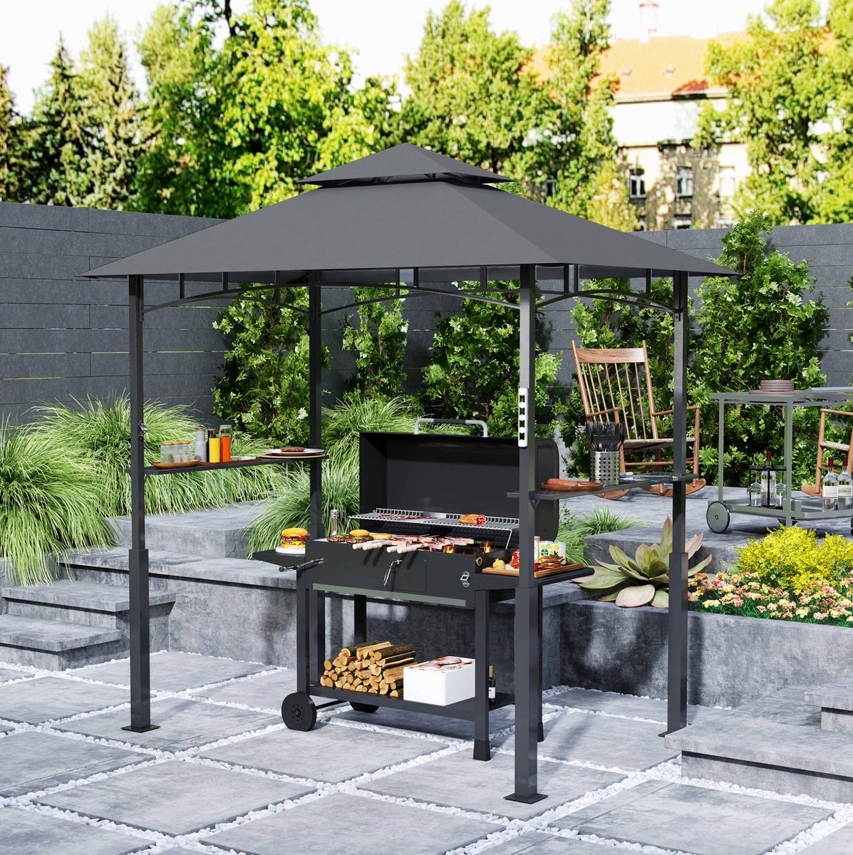 MEUNIQ Grillpaviljoen 243 x 148 x 248 cm met dubbel dak, LED-verlichting, 2 zijplanken, 8 haken en flesopener, metalen BBQ overkapping voor tuin of terras, donkergrijs